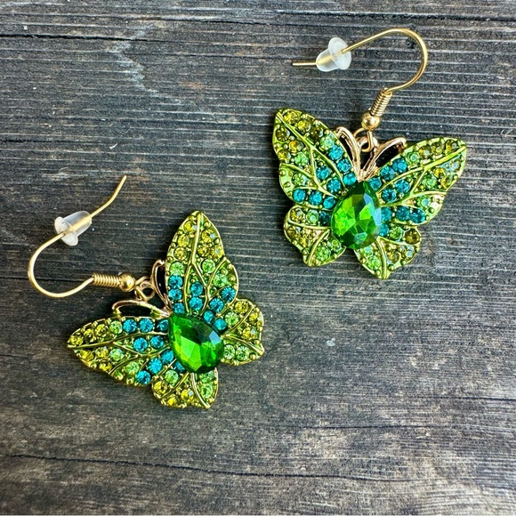 Green & Blue Sparkly Butterfly Dangle Drop Gold Tone Rhinestone Crystal Earrings - Picture 3 of 7